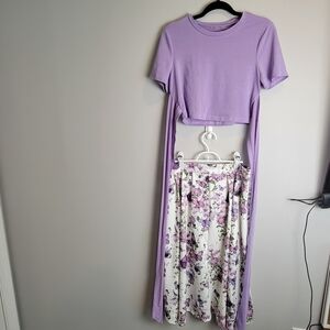 Purple Crop Top and Floral Skirt Set